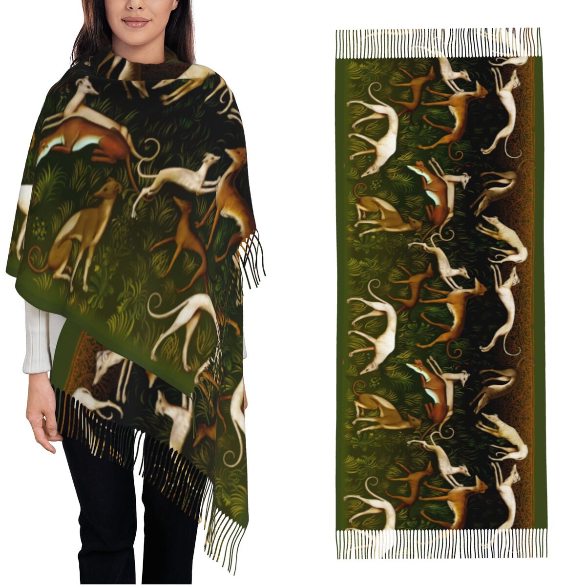 Pashmina Wrap Large - ผ้าคลุมไหล่ลายสุนัขเกรย์ฮาวด์สำหรับผู้หญิง ผ้าพันคอเนื้อนุ่มขนาดใหญ่สำหรับฤดูหนาว ลายสุนัขเกรย์ฮาวด์ วิปเพ็ต ลูร์เชอร์ ผ้าพันคอพัชมีนา