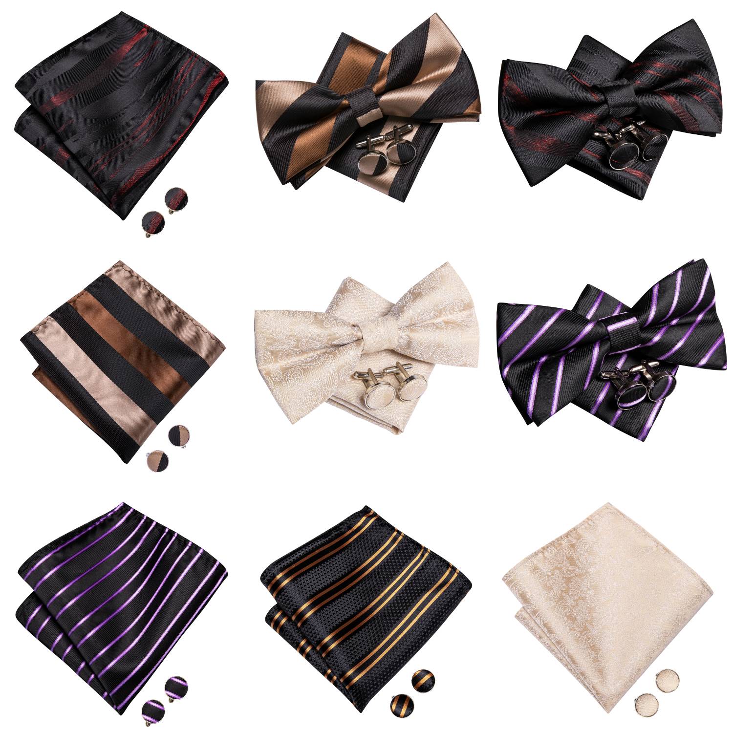 Bow Tie Pre Tied - เนคไทโบว์ผูกสำเร็จรูปสำหรับผู้ชาย พร้อมผ้าเช็ดหน้าและกระดุมข้อมือ ลายเรียบ สีแดง ขาว ชมพู