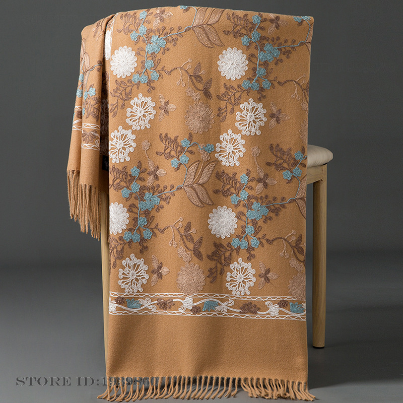 Woven Scarf Blanket - ผ้าพันคอแคชเมียร์พัชมีนาสำหรับผู้หญิง ผ้าคลุมไหล่ปักลายดอกไม้ ผ้าคลุมยาว ผ้าห่ม ผ้าพันคอหนา อุ่น