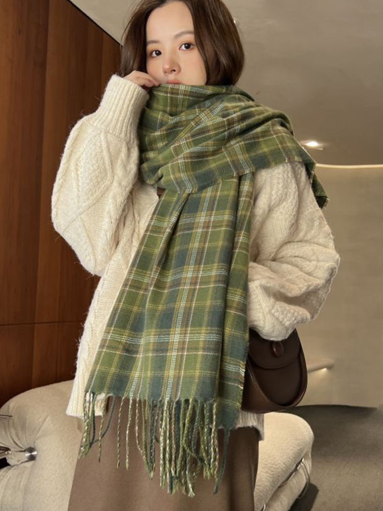 Woven Scarf Blanket - ผ้าพันคอแคชเมียร์เทียมแบบใหม่สำหรับผู้หญิง สไตล์วินเทจลายสก๊อต ผ้าพันคอพาชมินา ผ้าคลุมไหล่ ผ้าห่ม ผ้าพันคอแฟชั่นฤดูหนาว