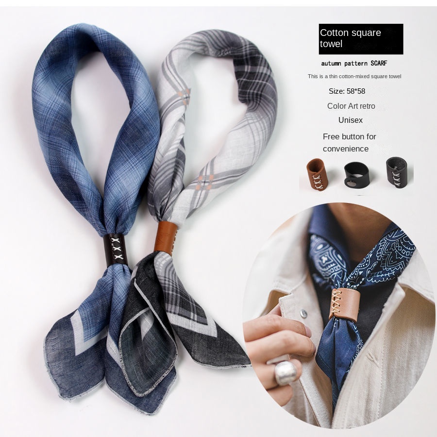 Ascot Neck Scarf - ผ้าพันคอสี่เหลี่ยมจัตุรัสผู้ชายมีกระดุมผ้าฝ้ายและผ้าลินินอเมริกันอังกฤษฤดูใบไม้ผลิฤดูใบไม้ร่วงผ้าไหมเนื้อนุ่มบางบาง