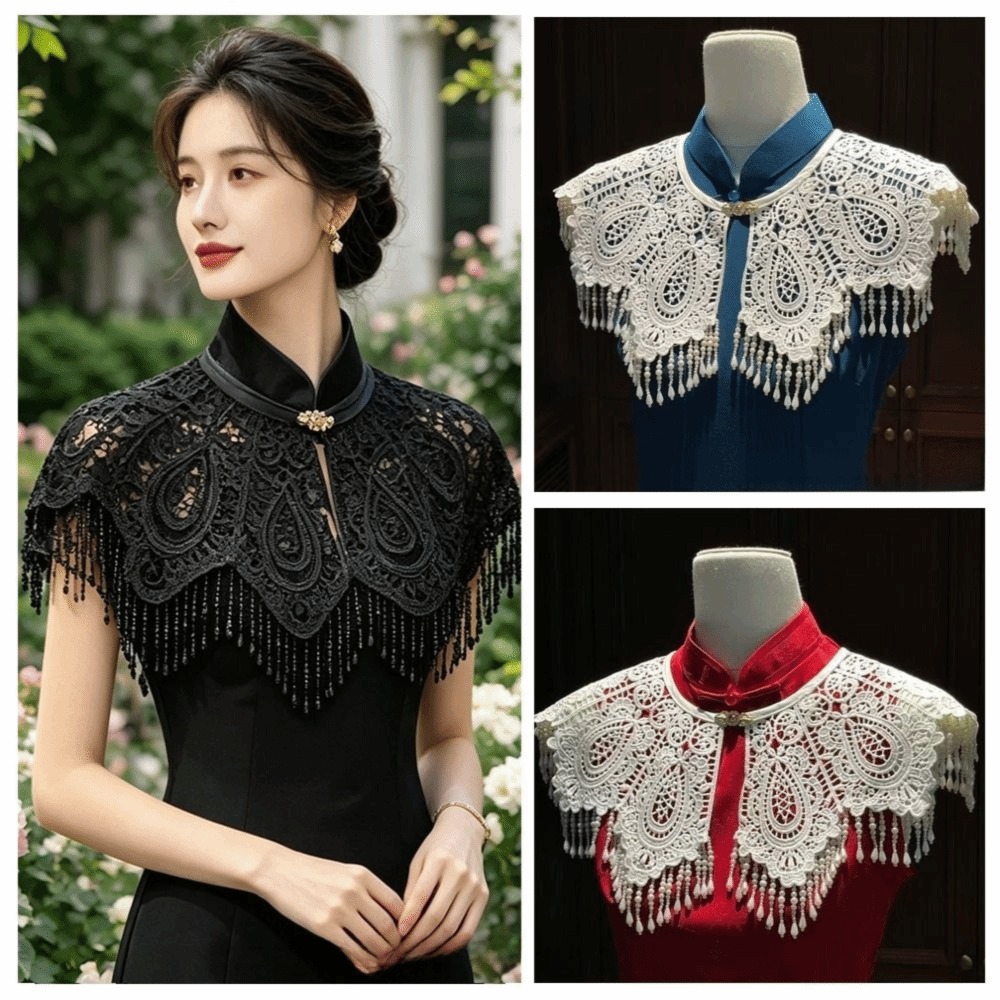Stole Wedding Shawl - ผ้าคลุมไหล่กี่เพ้าผ้าโพลีเอสเตอร์ สไตล์จีนใหม่ พร้อมพู่ห้อยทรงหยดน้ำ ดีไซน์วินเทจ เหมาะสำหรับงานแต่งงานและงานเลี้ยง